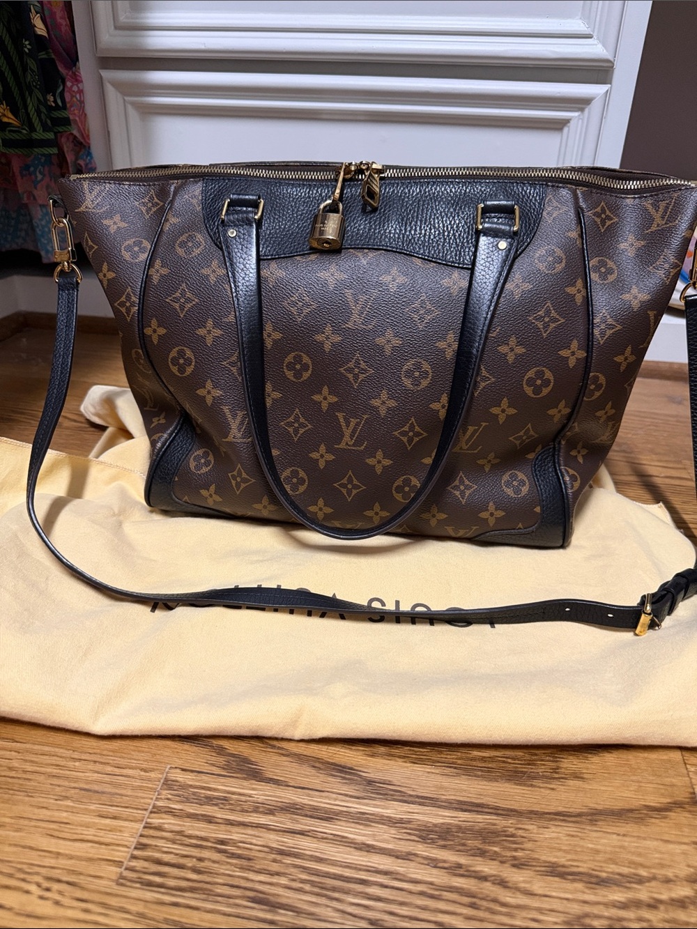 Louis Vuitton Monogram Canvas Brown & Black Tote with Lock Detail